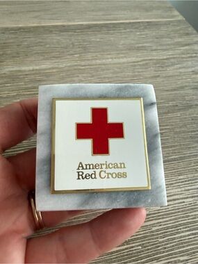 American Red Cross Marble & Ceramic Coaster Paperweight | Cork Back | Vintage